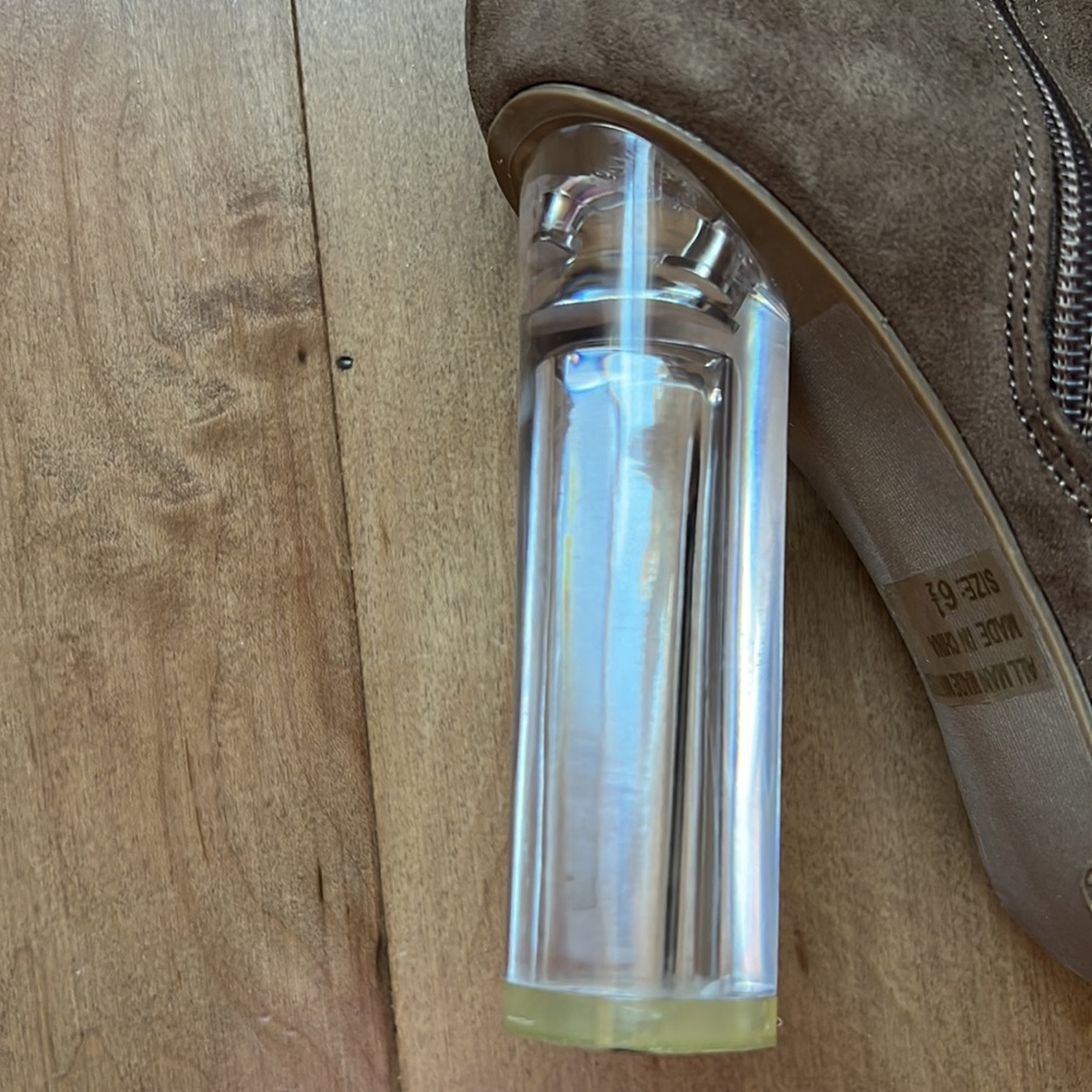 6.5 tan peep toe, lace up booties with clear heel and gold detail NWOT. - Picture 4 of 6